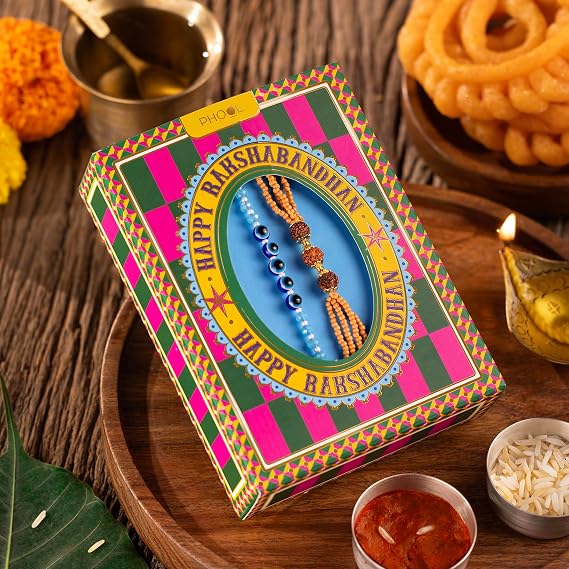 Phool Rudraksha & Evil Eye Protection Rakhi Set of 2 for Brother | Rudraksha & Nazar Combo | Designer Rakhi for Bhai | Raksha Bandhan Set