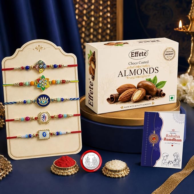 DeoDap Chocolate with Rakhi Combo for Brother – Multicolored Beads Rakhi (5 Pc) with Silver Color Pooja Coin & Greeting Card, Choco Coated Almonds (32 Gm), Raksha Bandhan Celebration Combo for Bhai