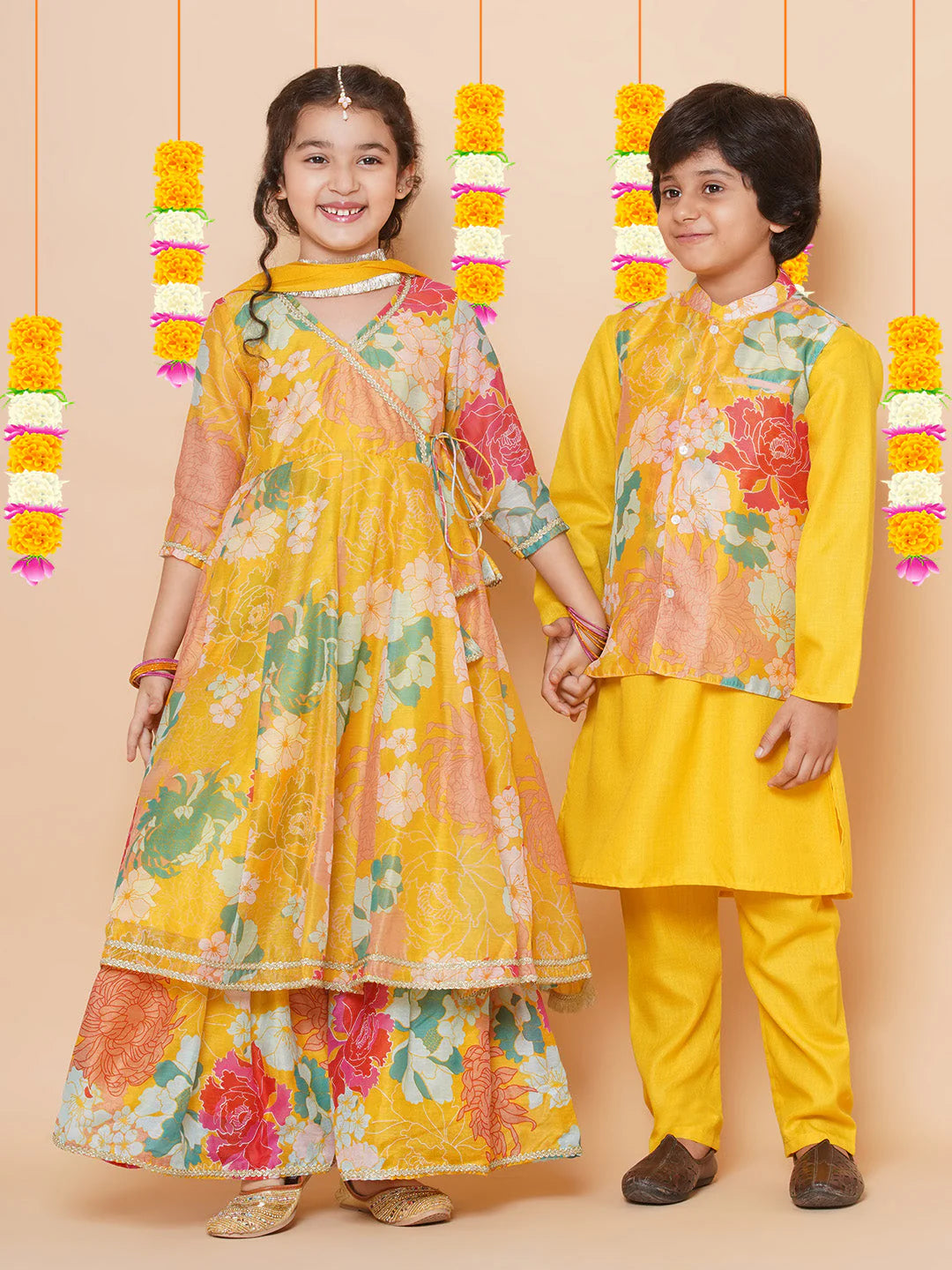 Girls Yellow Multi Floral Angrakha Gotta Patti Kurta Sharara set With Dupatta for Kids - Bhama -3-4Y Mytrendzcart