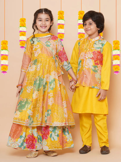 Girls Yellow Multi Floral Angrakha Gotta Patti Kurta Sharara set With Dupatta for Kids - Bhama -3-4Y Mytrendzcart