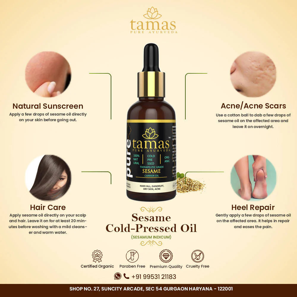 Tamas Pure Ayurveda 100% Organic Sesame Cold Pressed Carrier Oil- USDA Certified Organic- 30ML Mytrendzcart