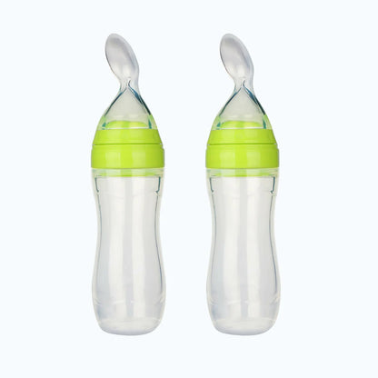 Safe-O-Kid Easy Set of 2 Squeezy Silicone Food Feeder Spoon (Soft Tip) Bottle- Green- 90mL Mytrendzcart