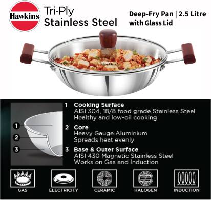 Hawkins TriPly Stainless Steel Kadhai with Glass Lid 26 cm Diameter 2.5 L (SSD25G) Mytrendzcart