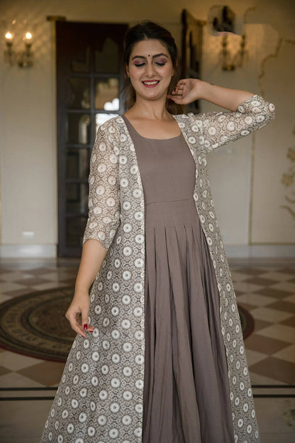 Partywear Designer Digital print Grey Maslin Gown - Anbazaar -M(38) Mytrendzcart