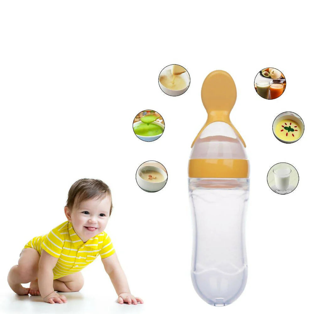 Safe-O-Kid Easy Set of 2 Squeezy Silicone Food Feeder Spoon (Soft Tip) Bottle- Yellow- 90mL Mytrendzcart