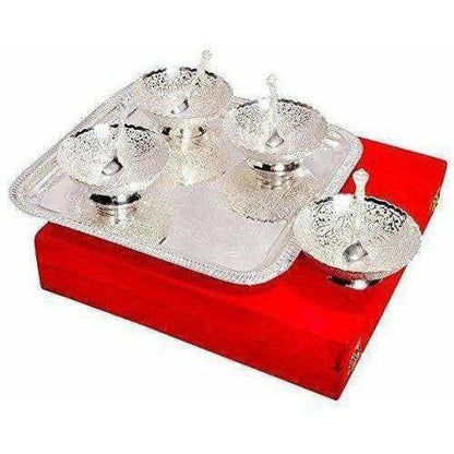 Silver Plated Brass Bowl Set with Tray - Pack of 9 Mytrendzcart