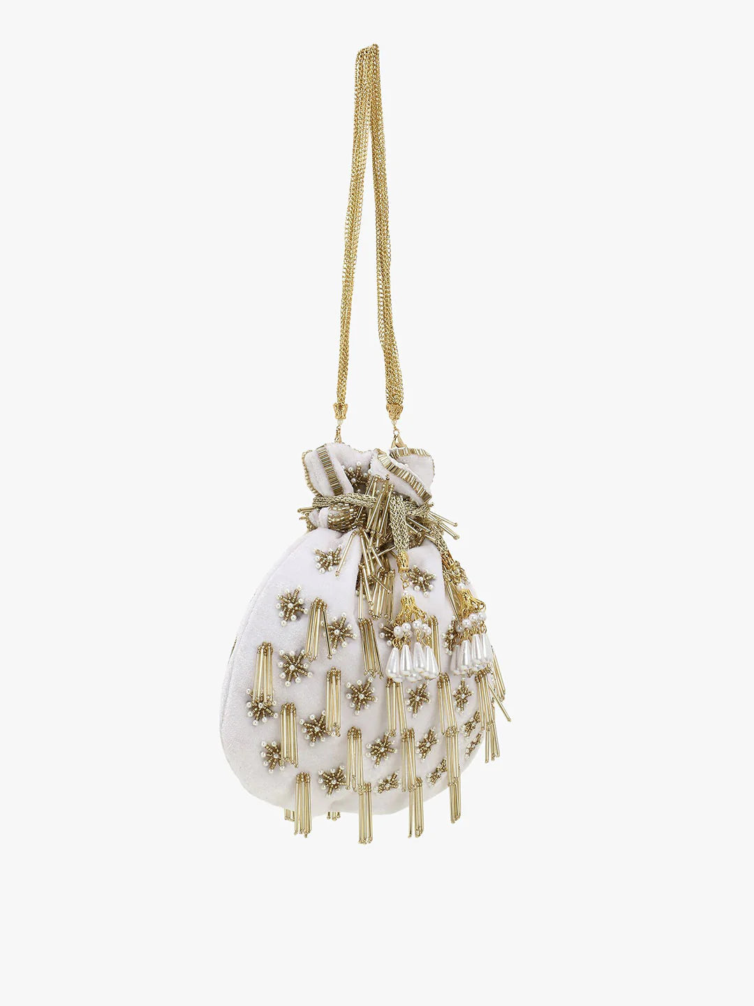 Anekaant White & Gold-Toned Embellished Tasselled Potli Clutch Mytrendzcart