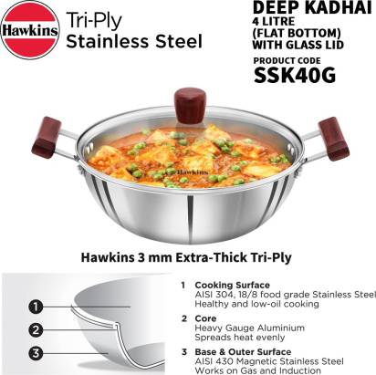 Hawkins Triply Stainless Steel Kadhai 28 cm Diameter with Lid 4 L (SSK40G) Mytrendzcart