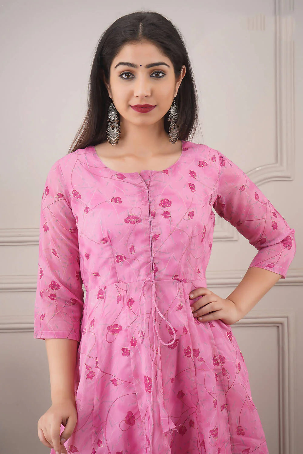 Partywear Designer Hand Screen and Foil Print pink Pure chanderi Gown - Anbazaar -M(38) Mytrendzcart