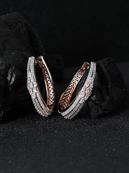 Priyaasi Rose Gold-Plated American Diamond Earrings for Women | Stylish Hoop Earrings for Women in Floral Design Mytrendzcart