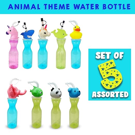 Party Propz Birthday Return Gifts For Kids -Set Of 5Pcs Sippers|Animal Shape Straw Sipper Bottle For Kids|Kids Return Gifts For Birthday|Straw Bottle For Kids Multicolor - Vinyl, 400 Ml Mytrendzcart