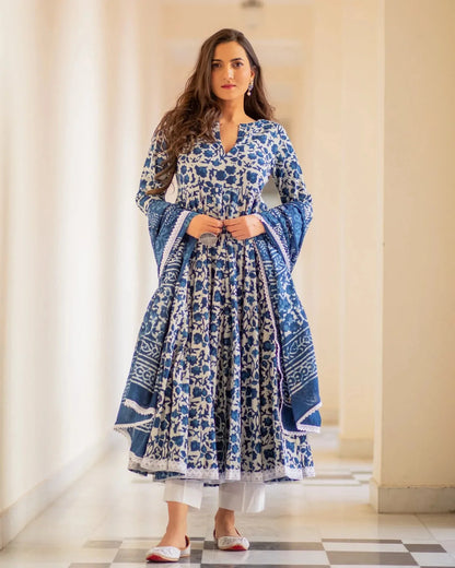 Indian Clothing Malishka Women's Blue Cotton Flared Floral Printed Salwar Suit Set - Blue -S Mytrendzcart