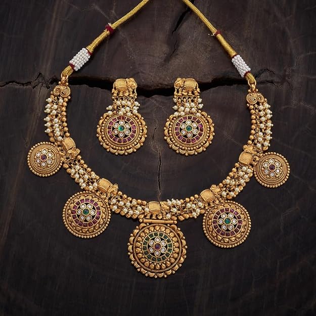 Fashion Jewellery Ruby-Green Gold Plated Ethnic Antique Necklace Set - 409891 Mytrendzcart