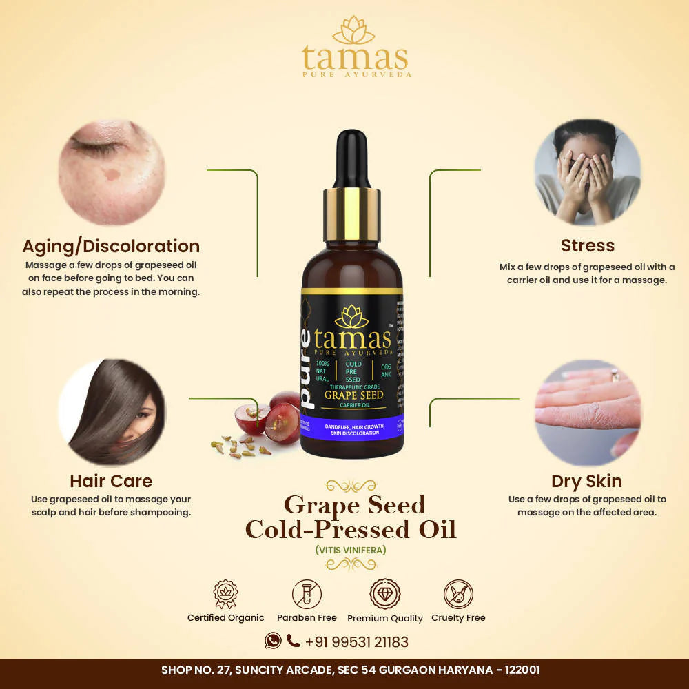 Tamas Pure Ayurveda 100% Organic Grape Seed Cold Pressed Carrier Oil- USDA Certified Organic- 30ML Mytrendzcart