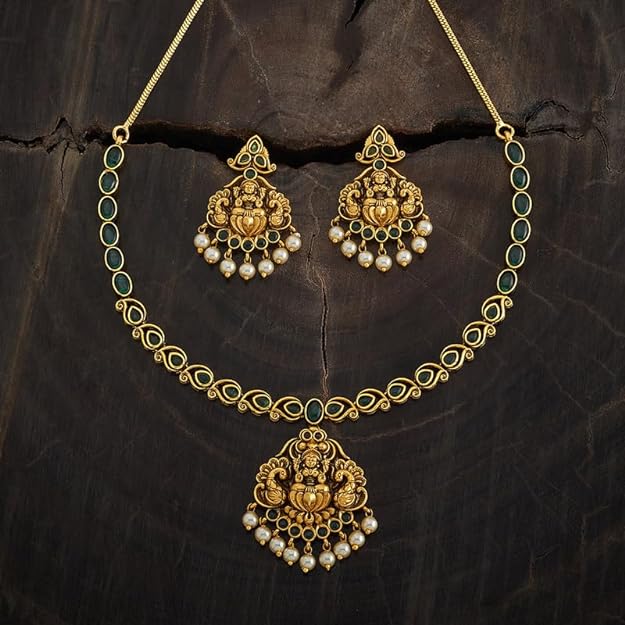 Kushal's Fashion Jewellery Green Gold Plated Ethnic Antique Necklace Set - 415581 Mytrendzcart