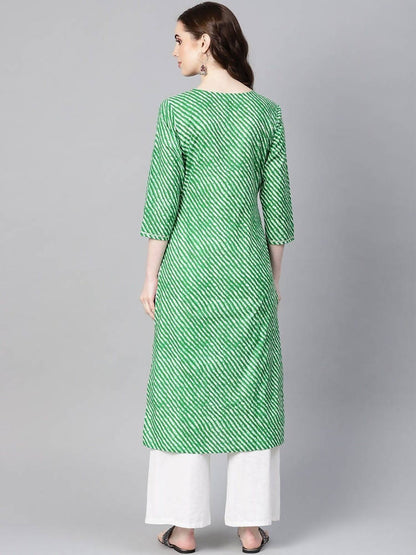 Yufta Women Green & Off-White Leheriya Dyed Straight Kurta -S Mytrendzcart