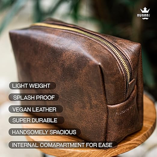 RUBAB MEN Premium Vegan Leather Toiletry Bag For Men | Shaving Kit Bag & Grooming Travel Pouch For Men | Waterproof Lining Tan Shade Pack-It Smart Edition, 8.9 Cm - Mytrendzcart