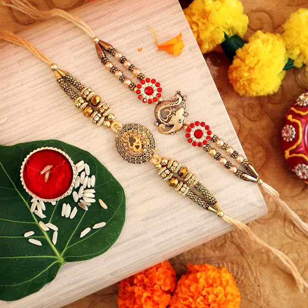 TIED RIBBONS Rakhi for Brother Set of 2 - Premium Om Ganesh Rakhi for Brother Men Bhaiya Kids Boys with Tikka and Greeting Card - Bracelet Rakhi for Brother