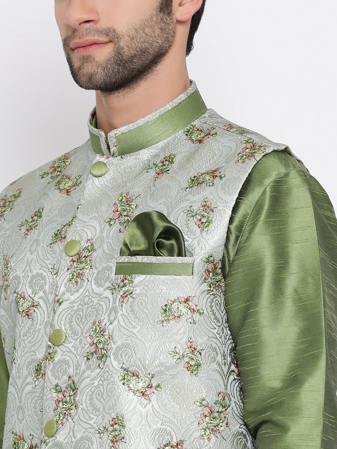 Vastramay Men's Green Cotton Silk Jacket, Kurta and Pyjama Set -36 Mytrendzcart