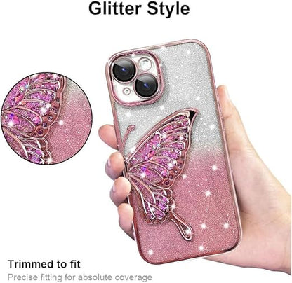 Mobistyle Designed For Iphone 14 Cover With Luxury Glitter Cute Butterfly Plating Design Aesthetic Women Teen Girls Back Cover Cases For Iphone 14 (Butterfly |Pink) - Silicone - Mytrendzcart