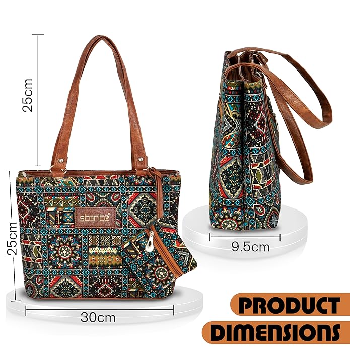 Storite Women's Tote Bag With Leather Handles & Embroidery Printed Handbag With Zip Pockets, Shoulder Tote Bag And Handbag For Office And College (30x25x9.5Cm), Multicolor - Mytrendzcart