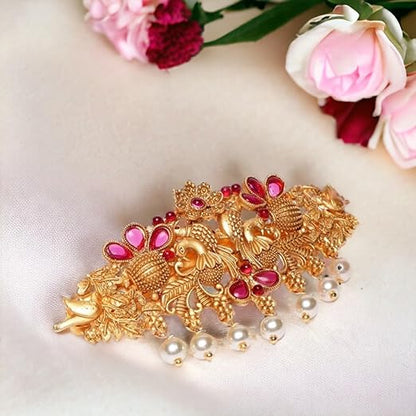 Accessher Traditional Matte Gold Plated Peacock Design Antique Bridal Hair Barrette Buckle Clip/Hair Pin/Hair Clip with Pearl Drops for Women and Girls Pack of 1 Mytrendzcart