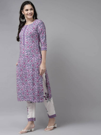 Yufta Women Lavender & White Ethnic Motifs Printed Kurta with Trouser & Dupatta Mytrendzcart