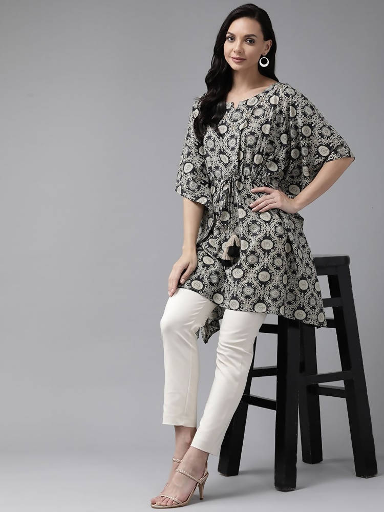 Yufta Women Black & Beige Printed Kaftan Kurta -M Mytrendzcart