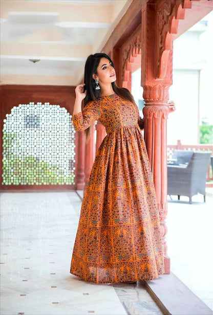 Designer Partywear Printed Dark Coral Pure Maslin Gown - Anbazaar -L(40) Mytrendzcart