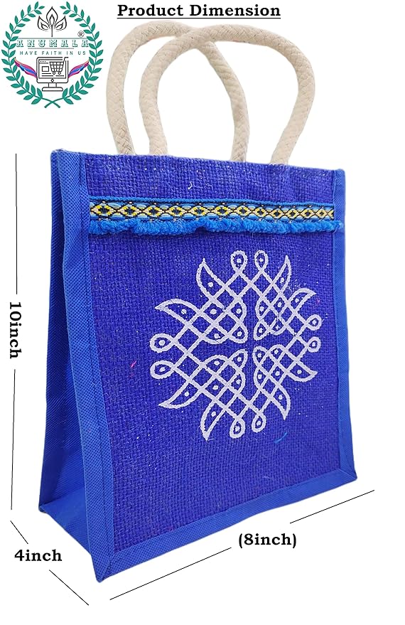 Anumala® Jute Bags with Contrast Kolam Print for Return Gifts | Thamboolam And Jute Bags | Wedding Return Gifts | Birthday Return Gifts | Event Return gifts Bag | Multicolor 8x6x4 inches… Mytrendzcart