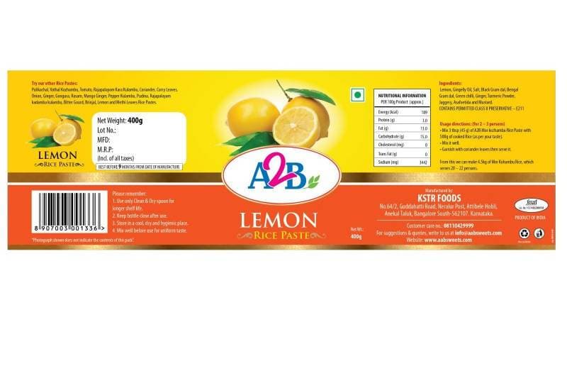 A2B - Adyar Ananda Bhavan Lemon Rice Paste -400 gm Mytrendzcart