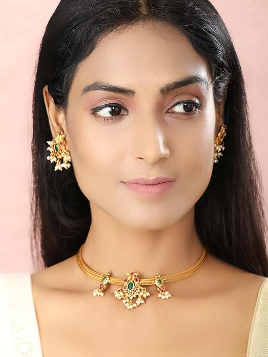 Priyaasi Fancy Stylish Traditional Peacock Kemp Stones Beaded Gold Plated Choker Jewellery Set for Women Mytrendzcart