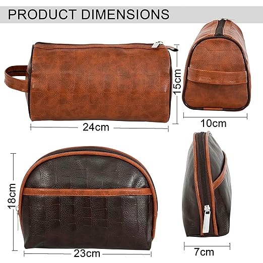 SNDIA 2-Set PU Leather Toiletry Travel Bags for Men and Women, Shaving Kit Bag, Makeup Cosmetic Pouch for Women and Men (Him & Her) Brown (18CM x 23CM x 7CM) - (24 CM x 15CM x 10CM) - Mytrendzcart