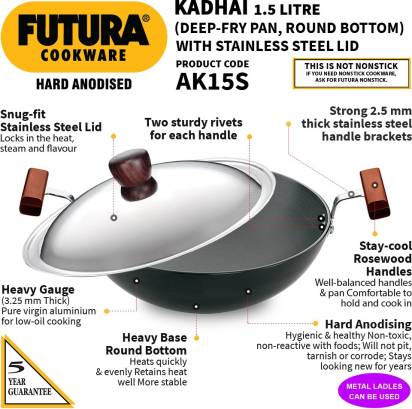 Hawkins Futura Hard Anodised Kadhai 22 cm Diameter with Lid 1.5 L (AK15S) Mytrendzcart