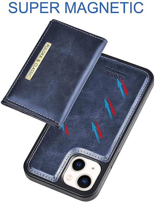 PULOKA Wallet Back Case - Compatible with iPhone 14 - Vegan Leather Phone Cover - Detachable Card Holder Case with Kickstand - Shockproof, Anti Scratch & Raised Edges for Protection - Blue - Mytrendzcart