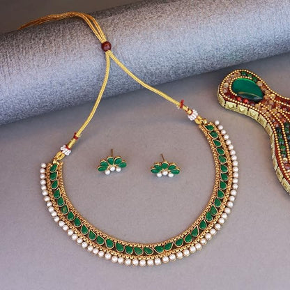 I Jewels Gold Plated Traditional Green Choker Necklace Jewellery Set For Women/Girls (MC120) Mytrendzcart