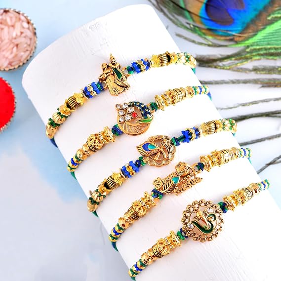 CraftVatika Rakhi Set of 5 for Brother Bhaiya Bhai Kids, Radhe Krishna Rakhis for Brother, Om Ganesha, Rakhis for Rakshabandhan, rakhi set for brother with Card, Ganesh Ji Rakhis Combo for Boy Men Girls