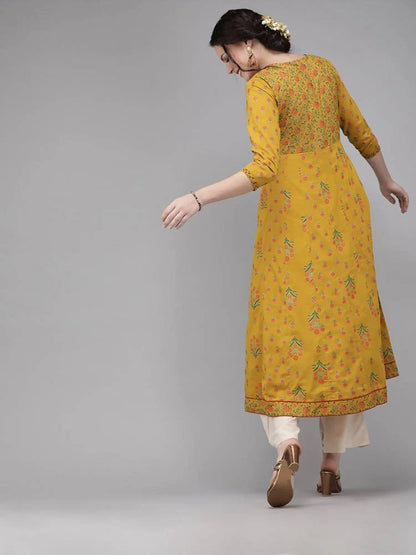 Yufta Women Mustard Yellow & Green Printed A-Line Panelled Kurta -XXL Mytrendzcart