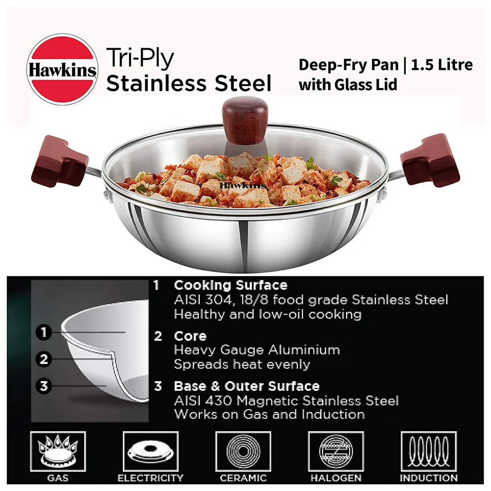 Hawkins Tri-Ply Stainless Steel Deep-Fry Pan with Glass Lid Silver (SSD15G) -1.5 L Mytrendzcart