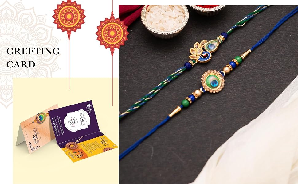 CraftVatika Peacock Rakhi Set for Brother Rakhis for Rakshabandhan, Mor Pankh Rakhi for Bhai Bhaiya Set of 2 for Man Boy Kids Combo for Rakshabandhan Decor Tillak Set