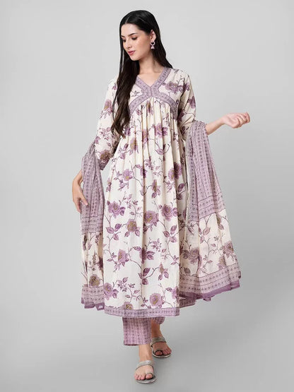 Malishka Women's Lavender Cotton Floral Printed Kurta Set With Dupatta -S Mytrendzcart