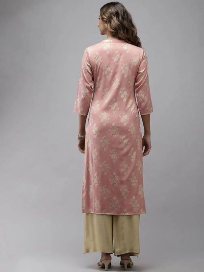 Yufta Women Pink Floral Printed Pastels Cotton Kurta -S Mytrendzcart