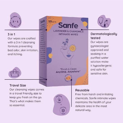 Sanfe 3 In 1 Intimate Wipes -Lavender & Chamomile - 10 Units Mytrendzcart