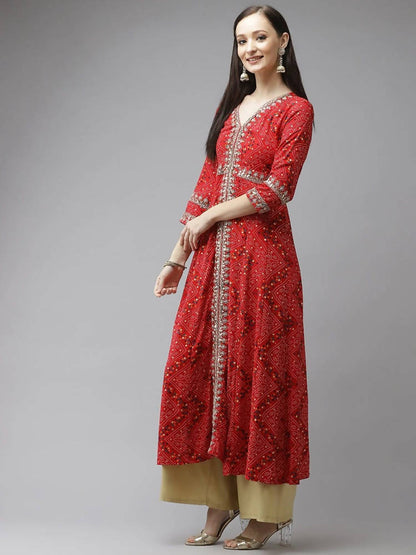 Yufta Women Red Bandhani Printed Kurta -L Mytrendzcart