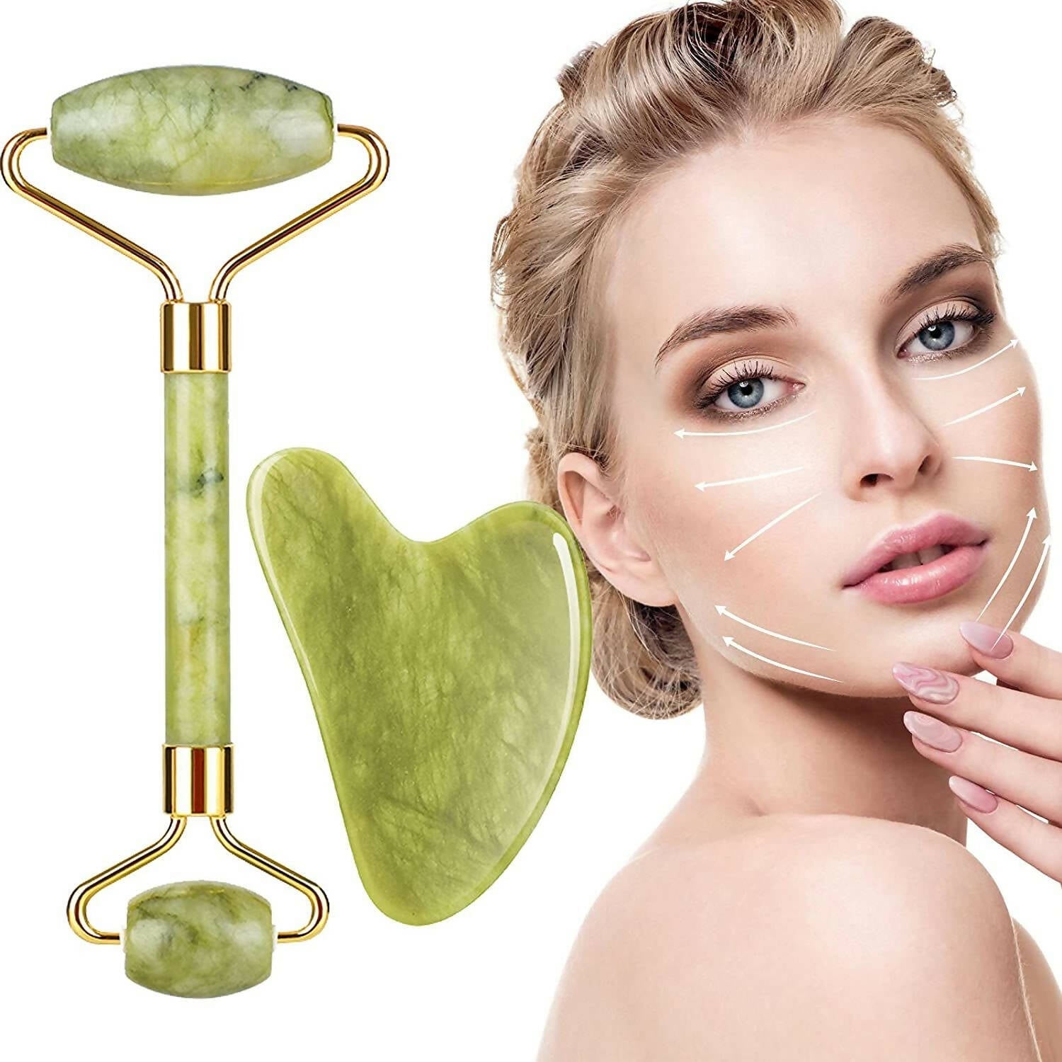 Favon Pack of Facial Roller & Gua Sha for Face, Neck Toning, Firming and Serum Application - Mytrendzcart