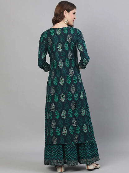 Ishin Women Navy Blue Printed Kurta with Skirt -S Mytrendzcart