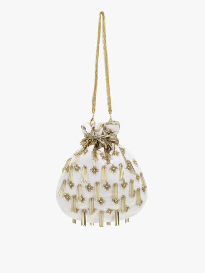 Anekaant White & Gold-Toned Embellished Tasselled Potli Clutch Mytrendzcart