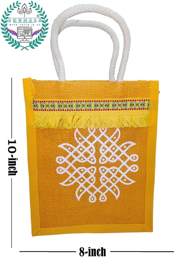 Anumala® Jute Bags with Contrast Kolam Print for Return Gifts | Thamboolam And Jute Bags | Wedding Return Gifts | Birthday Return Gifts | Event Return gifts Bag | Multicolor 8x6x4 inches… Mytrendzcart