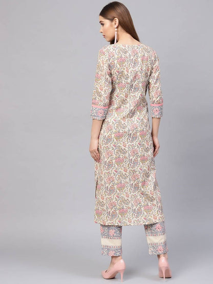 Yufta Women Beige & Grey Printed Kurta with Trouser -S Mytrendzcart