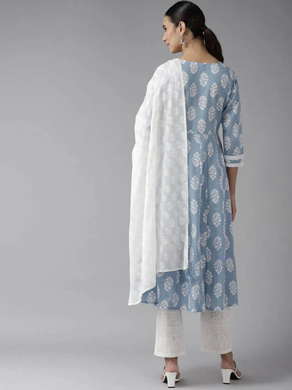 Yufta Blue & White A-Line Dupatta Set -M Mytrendzcart